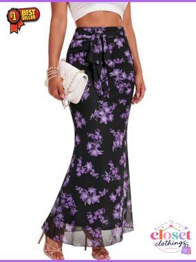 Mesh High Waisted Maxi Skirt Floral Print Lettuce Trim